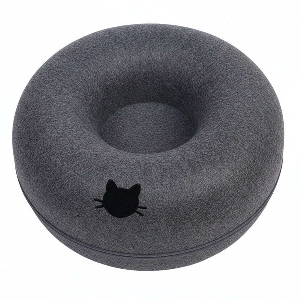 Dark Gray donut-shaped pillow with a black cat silhouette on a white background