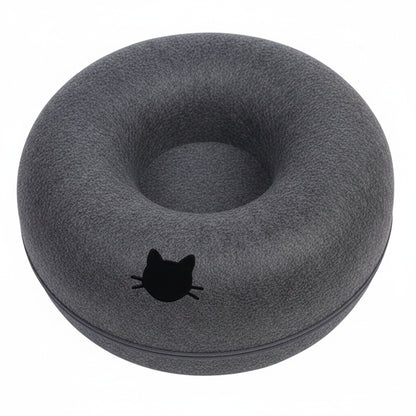 Dark Gray donut-shaped pillow with a black cat silhouette on a white background