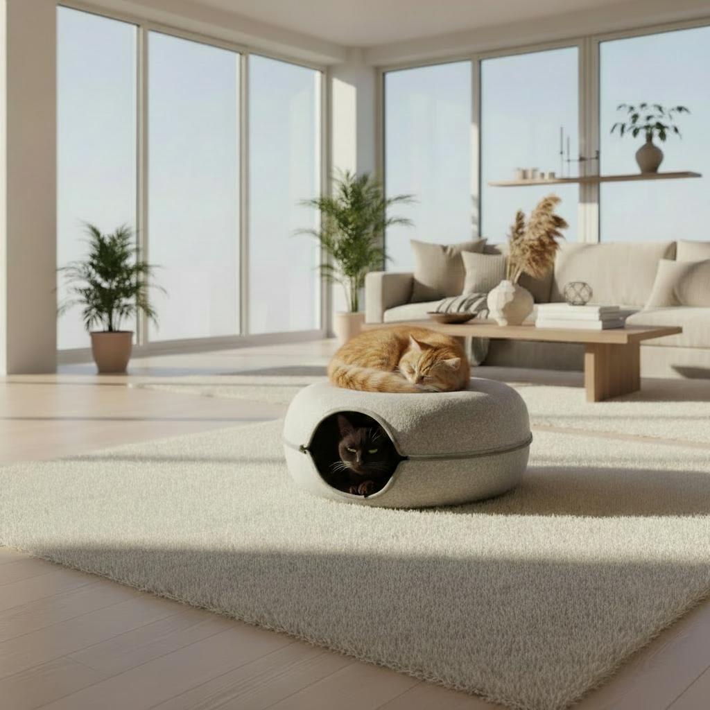 A round, donut-style pet bed in a textured light beige fabric sits on a plush cream rug in a bright, modern living room with large windows, a wooden coffee table, and potted plants.