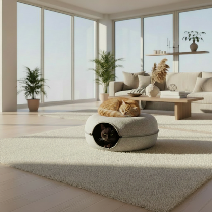 A round, donut-style pet bed in a textured light beige fabric sits on a plush cream rug in a bright, modern living room with large windows, a wooden coffee table, and potted plants.