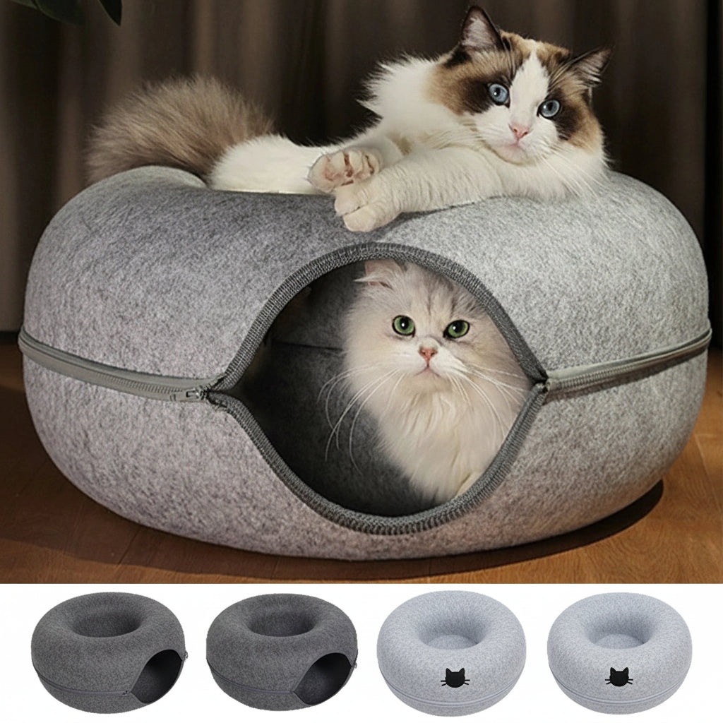 Two cats in a gray pet bed with additional views of the bed in different colors.