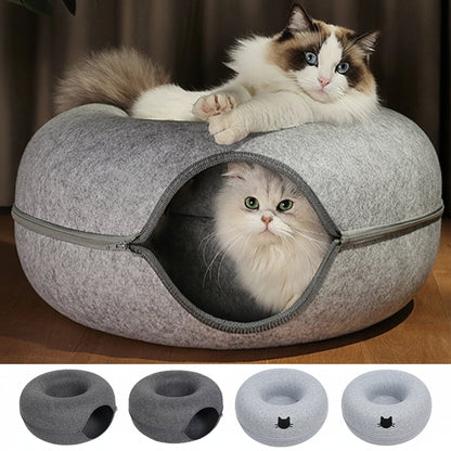 Two cats in a gray pet bed with additional views of the bed in different colors.